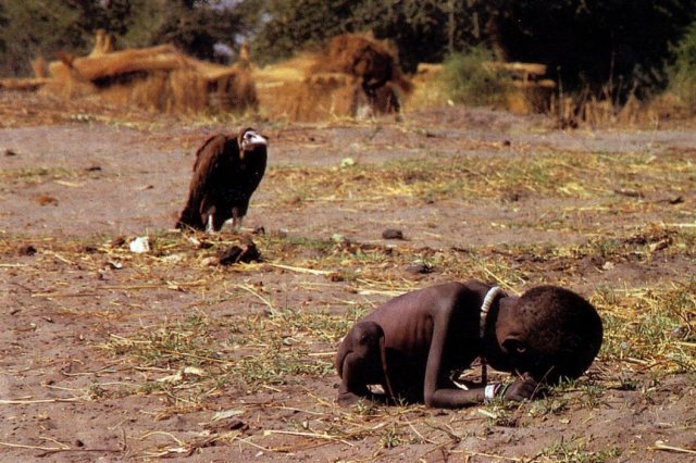 Abutre à espreita de criança vítima da guerra e da fome no Sudão, 1993. Fotografia vencedora do prêmio Pulitzer. Foto: Kevin Carter